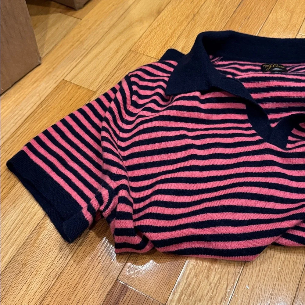 J.Crew Pink And Blue Striped Cashmere Johnny Collar Short Sleeve Top L